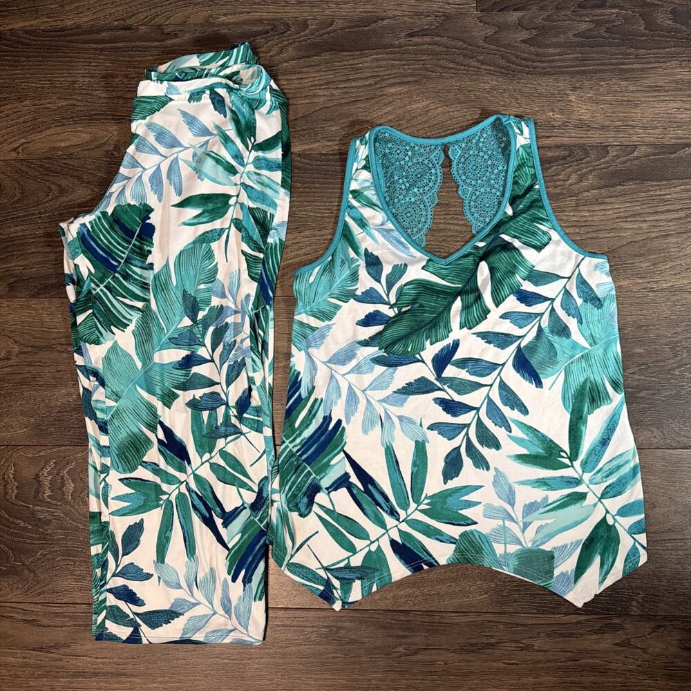 Linea Donatelli Sz S Tropical Leaf 2pc Set Lace Back Tank Pants Boho Vacation